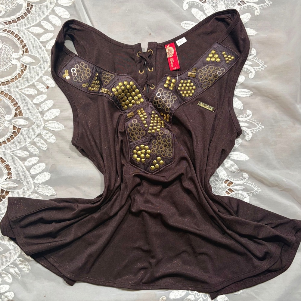 Y2K Apple Bottoms Brown Metallic Sleeveless Embellished Lace Up Peplum Top L